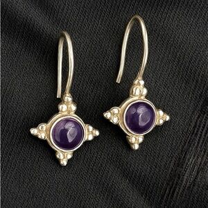 Vintage 925 Sterling Silver Amethyst Cabochon Dangle Earrings